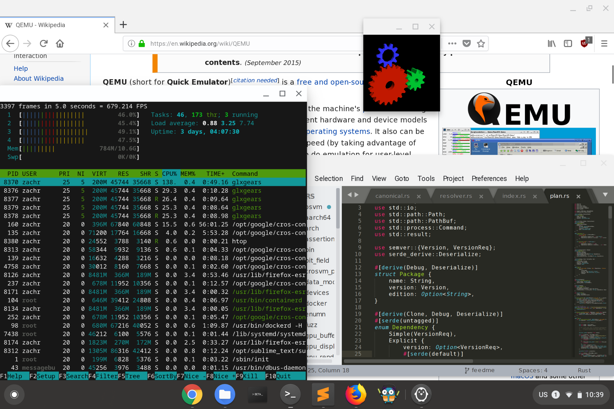Figure 2: crosvm transparently integrates desktop Linux applications into ChromeOS. Screenshot by Zach Reizner, licensed under Creative Commons Attribution 2.0 Generic License. Figure 2: crosvm transparently integrates desktop Linux applications into ChromeOS. Screenshot by Zach Reizner, licensed under Creative Commons Attribution 2.0 Generic License.